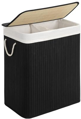 21Bamboo 100L Bambus Wäschekorb mit Deckel – Stabiler, Faltbarer Wäschesammler mit 2 Fächern, Herausnehmbarer & Waschbarer Wäschesack, Badezimmer, Schlafzimmer (Schwarz)