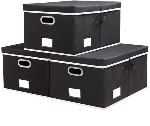 PRANDOM Aufbewahrungsbox mit Deckel Groß,Faltbarer Aufbewahrungsboxen, Aufbewahrungskorb mit Griff,Dekorative Stapelboxen,Organizer Container,Schwarz[3-stück] 58x40x30cm