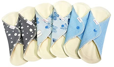 Lilind® 6-pack 24 cm. Vardagliga strumpbyxor, organiska tygdynor, återanvändbara menstruella sanitära servetter, 100 % bomull, blandade blå