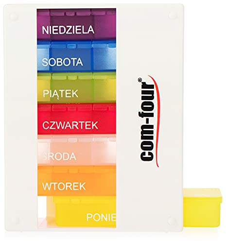COM-FOUR® Boîte à comprimés 7 jours avec inscription polonaise (Poniedzialek - Niedziela) - boîte à médicaments 4 compartiments (rano, poludnie, wieczór, noc) [POLONAIS] (blanc - 7x4)