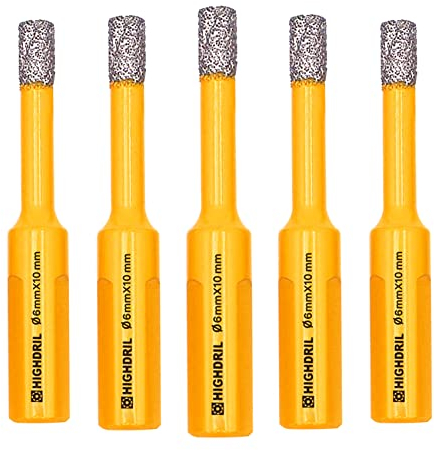 HIGHDRIL 5Pcs Diamond Core Drill Bit,Diameter 6mm Vacuum Brazed Hole Saw for Ceramic Tile, Porcelain Tile, Marble, Granite, Stoneware, Quartz, Artificial Stone