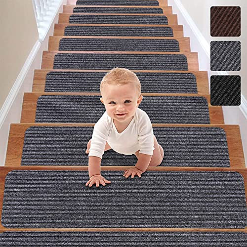 FASCINATDECO Set di 15 Tappetini Autoadesivi per Scale Antiscivolo per Gradini in Legno Interni, Tappeti per Scale Lavabili Rimovibili Tappetini per Anziani E Cani 76x21cm (Set di 15 Tappeto,Grigio)
