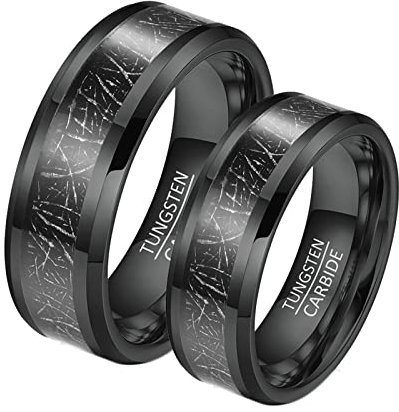 Bishilin Eheringe Paar Wolframcarbid, Schwarz Ringe 8MM mit Metall Linie Damen Gr.60 (19.1) + Herren Gr.54 (17.2), Verlobungsringe Freundschaftsringe für 2