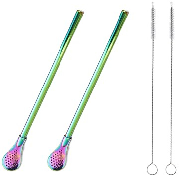 2 Pieces Stainless Steel Straw Spoon Filter with 2 Cleaning Brush, Reusable Tea Spoon for Loose Tea, Yerba Mate Straw, Metal Drinking Straws, Coffee Stirrers for Drinks Milk Beverage (Colorful)