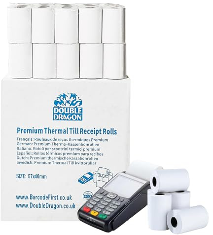 Double Dragon, Rotolo di ricevuta termica premium da 57 x 40 mm per macchina per carte di credito PDQ, POS, EPOS, registratore di cassa [Confezione da 200]