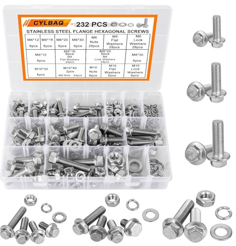 CYLBAQ Flange Nut and Bolt Set M6 M8 M10, 232PCS Flanged Hex Bolts With Flat & Lock Washers, 304 Stainless Steel Hexagon Head Nut and Bolt Sets M6-1.0 M8-1.25 M10-1.5