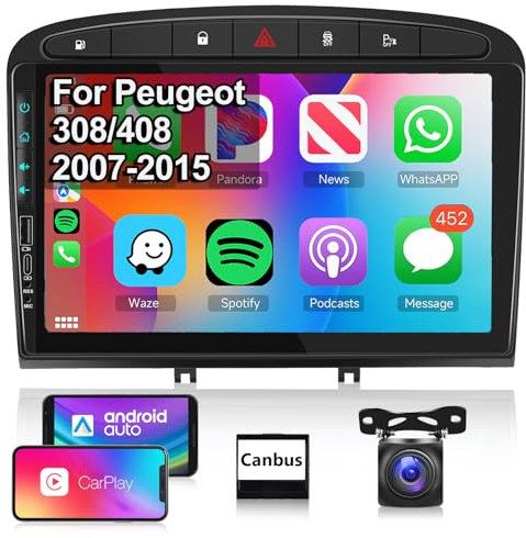 【2+64G】 Hodozzy Carplay Android Auto pour Peugeot 408/308/308SW 2008-2015,Android Poste Radio Voiture,9 Pouce Touchsreen avec Mirror Link/WiFi/GPS/RDS/FM/Bluetooth/USB+Camera de Recul