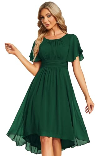 Ever-Pretty Women's Chiffon Crew Neck Pleated Waist Short Sleeve Knee-Length Wedding Guest Dress - A-Line, Plus Size 3X (US 26-28), Solid, EG02053
