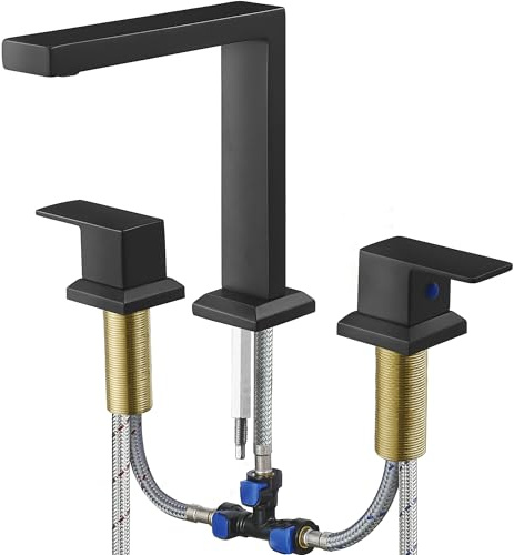 HEYMYTAP Black High Flow Bath Tub Faucet Set 3 Hole, Brass Deck Mount Roman Bathtub Faucet, 2 Handle & Longer Spout Reach with No Leaks Cartridge, Pre-Install 1/2 NPT Female Water Supply Line