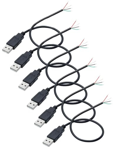 Greluma 6 Stück 0,3 m USB-Stecker Schweineschwanz mit 4 Drähten, 22 AWG, offenes Ende mit blankem Draht, 0,3 m USB-Stecker, 12 V Stromkabel