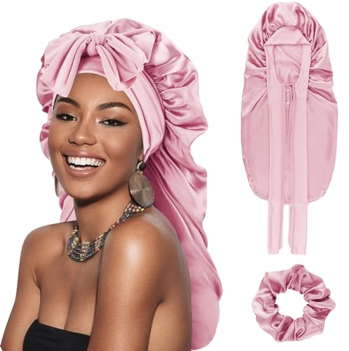 DRESHOW Bonnet Long en Satin Tressé pour Femme Bonnet en Soie pour Dormir Bonnet de Sommeil avec Bande Elastique Bonnet de Nuit pour Cheveux Longs et Bouclés Locs