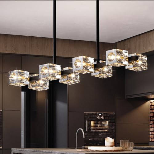 JUJUQI Kristall Kronleuchter Moderne Schwarz und Gold Pendelleuchten, Vintage Hängeleuchte, 8-Lichter Design, Luxus K9 Kristall Kronleuchter für Esszimmer Esstische Schlafzimmer