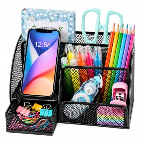 WUPYE Schreibtisch-Organizer mit Schublade und Fächern, kleines Netz, Büro-Schreibtischzubehör, Metall, schwarz, Schreibwaren-Stifthalter für Schreibtisch-Organizer und Aufbewahrung