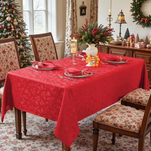 Larponder Tovaglia natalizia rettangolare, in jacquard, bacche di agrifoglio e pigne, lavabile e a prova di perdite, per feste, picnic, vacanze invernali (rettangolare, 132 x 178 cm, rosso)