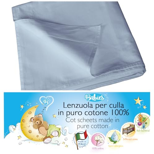 4BABIES - Drap Plat bébé 120x180 - Drap lit bébé à barreaux - Linge de lit Enfant en 100% Coton Fabriqué en Italie certifié Oeko-TEX - Bleu Clair