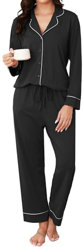 Reliwel Pyjamas för kvinnor, lång med knappslå, pyjamas-set, V-ringad, tvådelad loungewear, hemmadräkt, bekväm överdel och pyjamasbyxor, svart, XL
