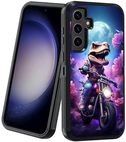 BXIKEOPIU for Samsung Galaxy S24 Case, Heavy Duty 3-Layer Shockproof Dust/Drop Proof Full-Body Rugged Protective Cover for Samsung Galaxy S24 5G (6.2, 2024), Funny Dinosaur Riding Motorcycle