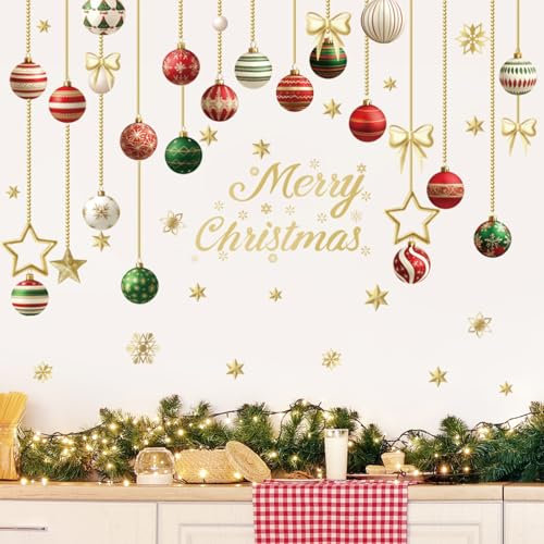 SHUCHING Adesivi Murali Palline di Natale, Adesivi da Parete Fiocchi di Neve Dorati, Decorazione Murale Palline Appese per Bambini Camera Soggiorno Porta Finestra Vetrina