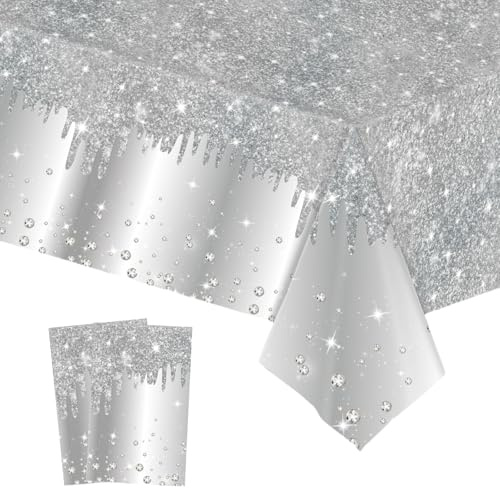 2 Stück Tischdecke Abwaschbar,Kunststoff Tischdecke Elastische Rechteckig Bierzeltgarnitur,137*274cm Silber Paillette Druck Wasserabweisend Fleckschutz Tischtuch für Garten Hochzeit Weihnachten Party