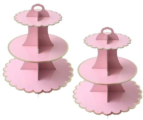 PYGHAP Kuchenständer, 3 Etagen, Cupcake-Ständer, 3 Etagen, Cupcake-Dessert-Halter, Karton, runder Turm, Papp-Kuchenständer für Nachmittagstee, Geburtstag, Party, Babypartys (Rosa), 2 Stück
