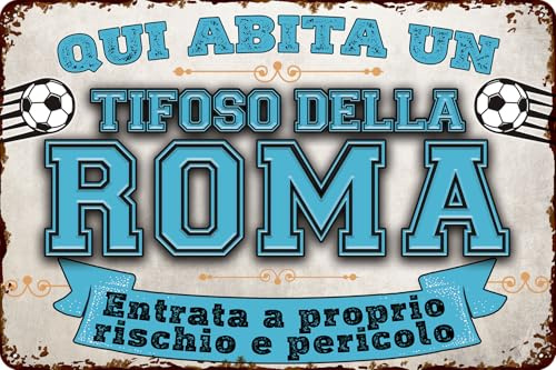Targa decorativa in metallo resistente alle intemperie, per gli appassionati di calcio, qui wohnt ein Roma Blue Fan – Targa da parete, targa per porta, scritta divertente calcio, articolo per fan (20