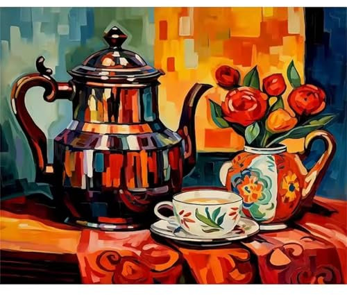 Paint by Numbers for Adults Beginner Kids with Frame,DIY Acrylic Color Oil Painting-Tea Set,Color by Numbers Art Crafts,Gifts for Women Home Decor,(Flowers) 12x22 inch