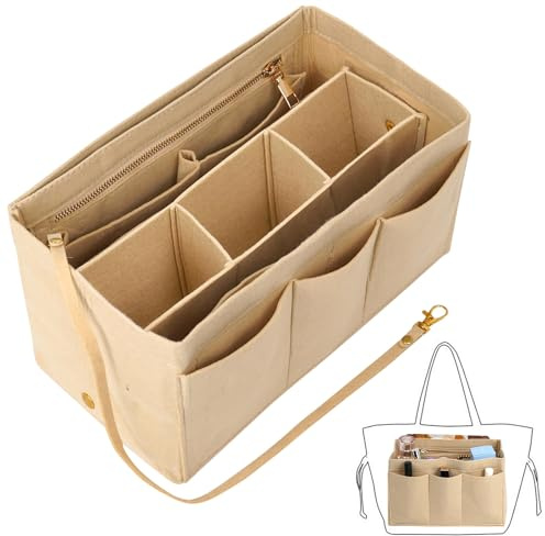 GOTFUN Taschenorganizer Filz Handtaschen Organizer mit Mehreren Fächern Reißverschluss,30x16x17 cm Bag Organizer tasche für Damenhandtaschen,Damen Mädchen(Beige L)