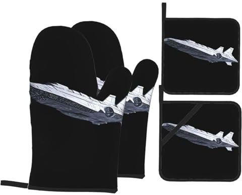 Mitaines De Cuisine Modèle De Vaisseau Spatial Antidérapant Baking Gloves Professionnel Maniques Cuisine pour Barbecue Grillade Femmes,4 Pièces