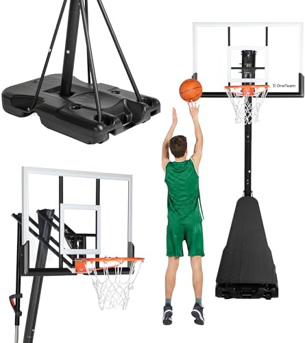 OneTeam Basketball BH04 Schwarzer Basketball Verstellbar Freistehend mit Transportrollen Haltbares PC Material Stabiler Sockel mit 140 L Fassungsvermögen mit Brett und Gitter