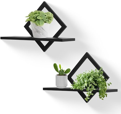 Schweberegale für die Wand,dekoratives Wandregal,hängendes Regal für Pflanzen,Aufbewahrung und Präsentation,Innenraumdekoration für Wohnzimmer,Zuhause,Büro,Massivholz,Diamantform,2er-Set,schwarz