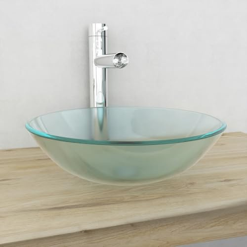 Basin Tempered Glass 16.5 Frosted Round Modern Bathroom Sink, Above Countertop Vessel for Vanity Washroom
