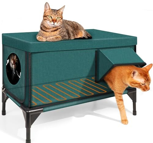 Isolierter Outdoor-Katzenunterstand mit beheiztem Boden, zwei Ausgängen & Magnetschloss für sichere Flucht, wetterfestes Design, ideal für Wild- und Stallkatzen