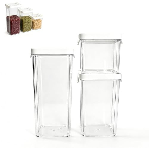 Rieoany Plastic Food Containers with Lids, Set of 3, Airtight Storage Container for Flour, Cereal, Dry Food Storage, 700 ML 1300 ML 1800 ML, Clear Storage Containers, BPA-Free