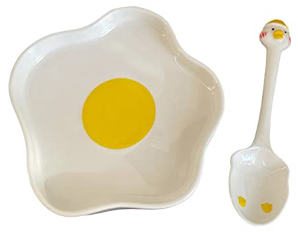 POPETPOP Assiette Originale Œuf Poché Céramique Blanche, Plat Décoratif pour Petit-déjeuner, Dessert et Salade, Plateau de Fruits avec Cuillère Incluse, Service Maison et Repas Convivial