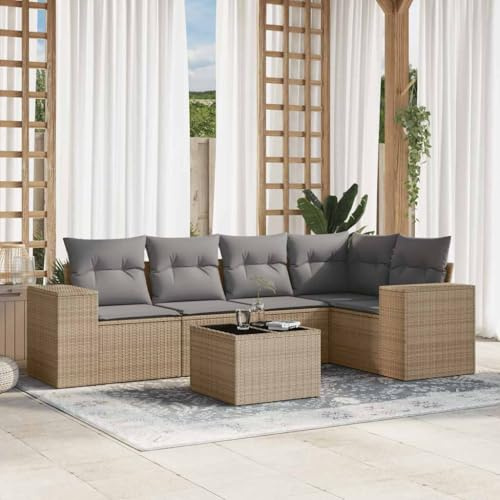 YuuSsea 6-teiliges Garten-Sofamöbel-Set für die Terrasse, Outdoor-Lounge mit bequemen Kissen, modularer Rattan-Sessel und Couch mit Tisch in Beige für den Außenbereich