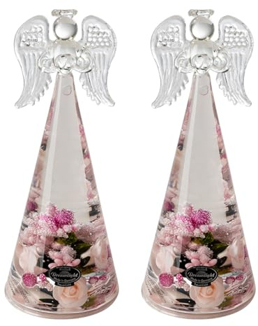 Dreamlight 2tlg Set Traumlicht Dekoengel – Glas Engel Figur Dekofigur Geschenke für Frauen Weihnachten Geburtstag – Glasengel mit Rosen Beeren Blätter Höhe 20 cm