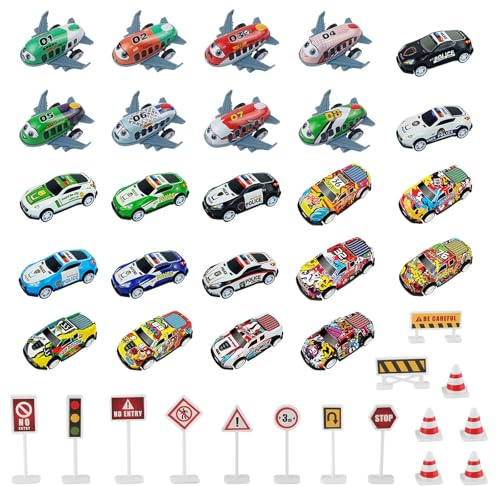 QingWing 39 Pièces Petites Voitures Jouets Enfants, Mini Jouet de Voiture avec 15 Panneaux de Barrage Routier, Métal Mini Voiture à Friction Jouets éducatifs pour Garçons et Filles de 3 à 12 Ans