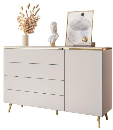 Lookway Kommode Aurora Kaschmir Matt mit Goldleiste – Hängend oder Stehend auf Goldenen Beinen – Modernes Design, Luxus & Funktionalität (schräge Gold Chrom Beine)