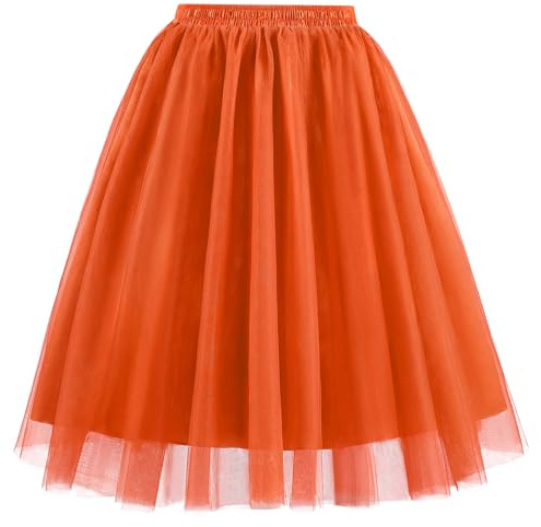 WERFORU Tyllkjol dam, lätt, ogenomskinlig tyllkjol med elastisk hög midja, tutu stora storlekar, A-linjeformad kjol för karneval, C-orange, XL
