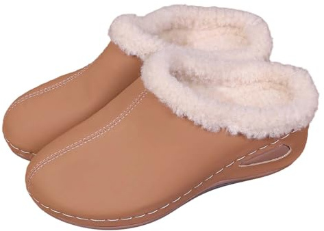 Generisch Zuecos de invierno para mujer con forro polar acogedor, suela antideslizante, como cómodas zapatillas también adecuadas para exteriores, caqui, 40 EU
