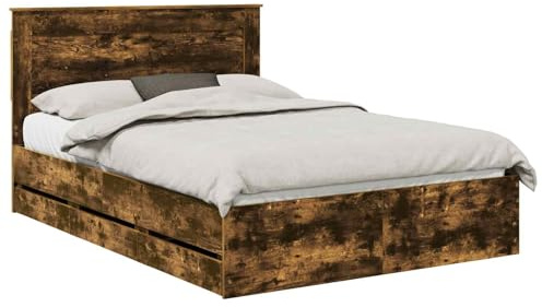 zylophax Bettrahmen aus Ingenieurs Holz Geräucherte Eiche 150 x 200 cm Doppelbett mit Kopfteil und Stauraum Bettgestell für Schlafzimmerbett Boxspringbett Moderne Bettanlage