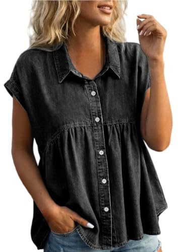 Dammössa ärm denim skjorta med knäppning krage veckad gunga peplum blus | Sommar denim toppar, kortärmad jean-tunika, Chambray skjorta för arbetskläder