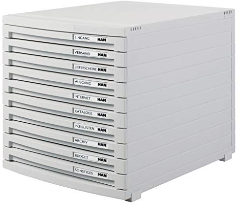 HAN Schubladenbox CONTUR mit 10 flachen offenen Schubladen bis Format B4, inkl. Auszugsperre, inkl. Beschriftungsschildern, Gummifüße, modular erweiterbares Schubladensystem, 1510-11, lichtgrau