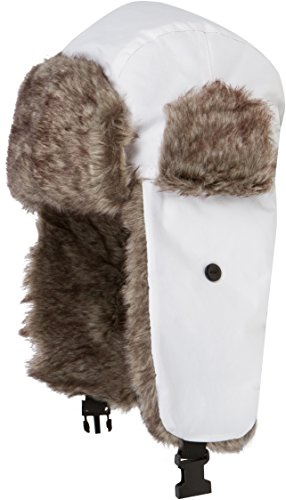 Sakkas Unisex Trooper Trapper Uschanka-Mütze, mit Kunstpelz gefüttert, mit Ohrenklappen, warm, russischer Flieger, Winddicht, kaltes Wetter, für Skijagd, für Damen und Herren, Kinnriemen - Weiß