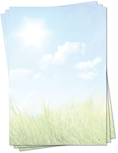LYSCO Motiv Briefpapier (Natur-5126, DIN A4, 25 Blatt) grüne Wiese Gras blauer sonniger Himmel mit Weißen Wolken Motivpapier