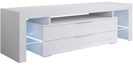 MB Muebles Bonitos, Meuble TV Selma avec Lumière LED pour Salon Moderne, 2 Tiroirs avec Poignées Métalliques, Meuble en Mélamine Brillante, Couleur Blanc, 160x53x35 cm