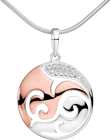 MATERIA Runder Kettenanhänger Rosegold für Damen - 925 Silber Anhänger Ornament groß vergoldet mit Kette und Zirkonia