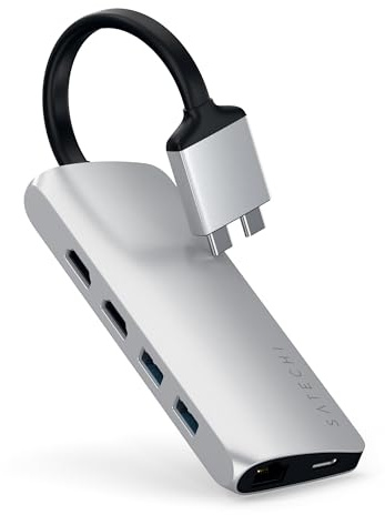 SATECHI 8 en 1 Hub Dual USB C Multimedia en Aluminio con 2X HDMI 4K@60Hz, PD 60W, Ethernet, 2X USB-A 3.0 hasta 5Gbps, Lectores microSD/SD para MacBook Air/Pro/Neo y más – Plata