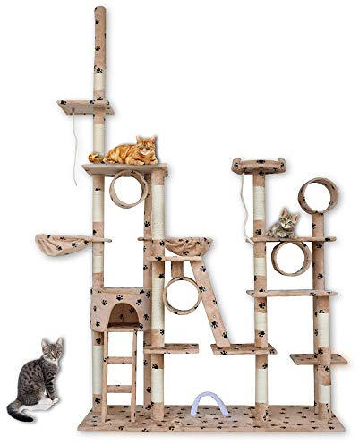 BITUXX® Deckenhoher Kratzbaum Katzenspielplatz Katzenhaus Katzenhöhle einstellbare Höhe 230-250cm (Beige/Pfote)