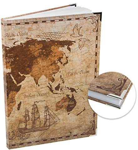 Blanko-Notizbuch mit Metallecken, DIN A4: Tagebuch mit Weltkarte, XXL Note Book, Journal für Notizen, Hardcover, 164 leere Seiten, Geschenk Vintage, Terminplaner, Reisetagebuch, Journaling Buch